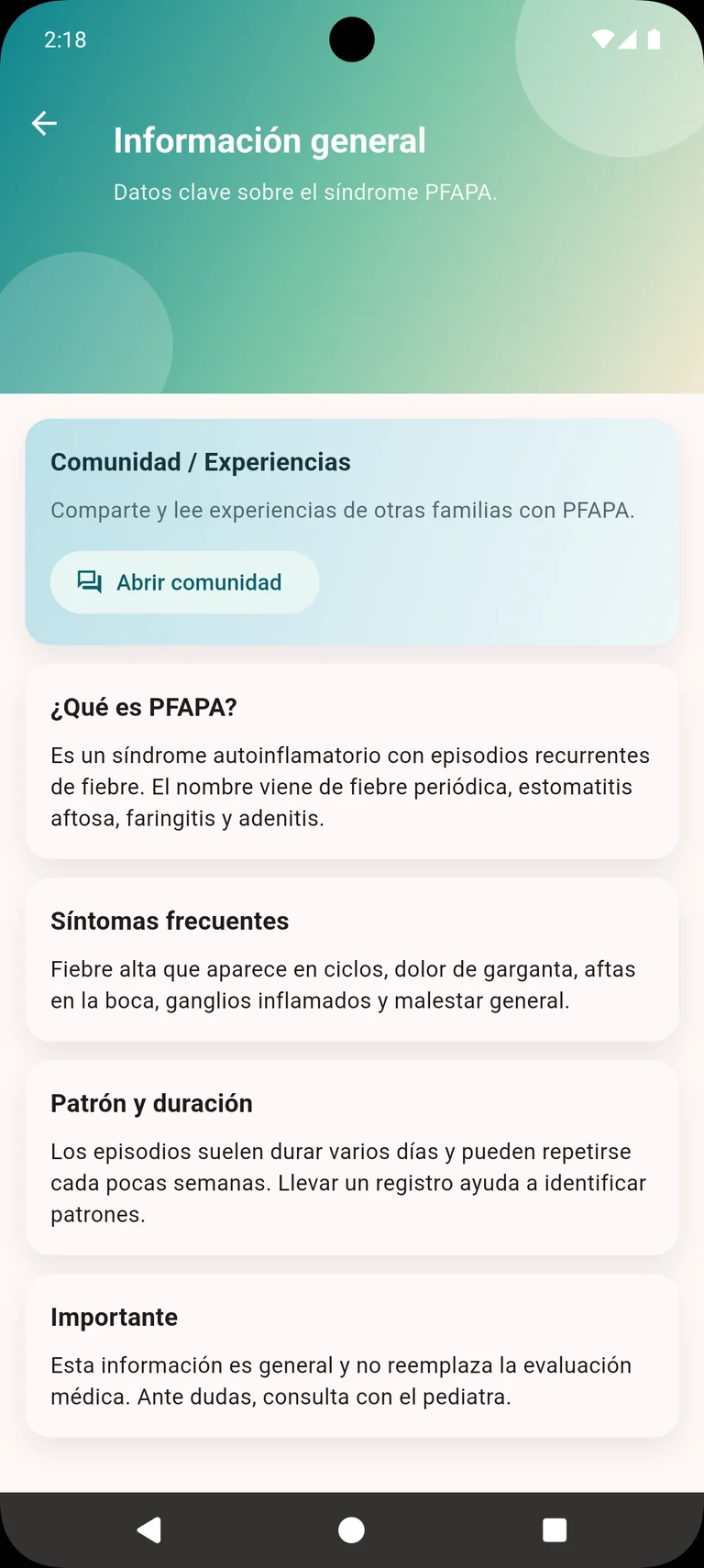 Sección de información general sobre PFAPA y experiencias de la comunidad.